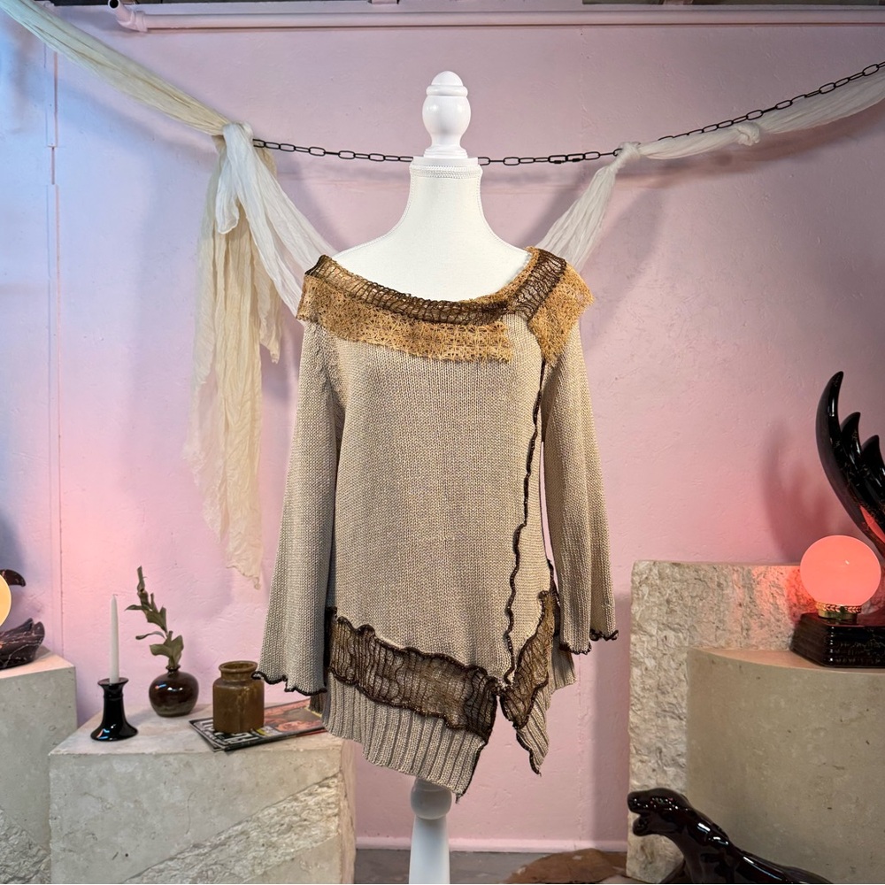 Vintage Brown Lace Trim Asymmetric Off-Shoulder Knit Sweater Size L